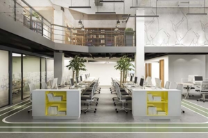 Clean, safe, and healthy commercial workplace facility with hotdesking workstations