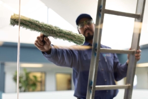 Window Cleaning Services associate performing high window cleaning services in a commercial facility